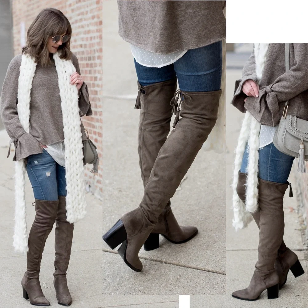 Marc Fisher gray faux suede knee-high over the knee tassel boots chunky heel 9